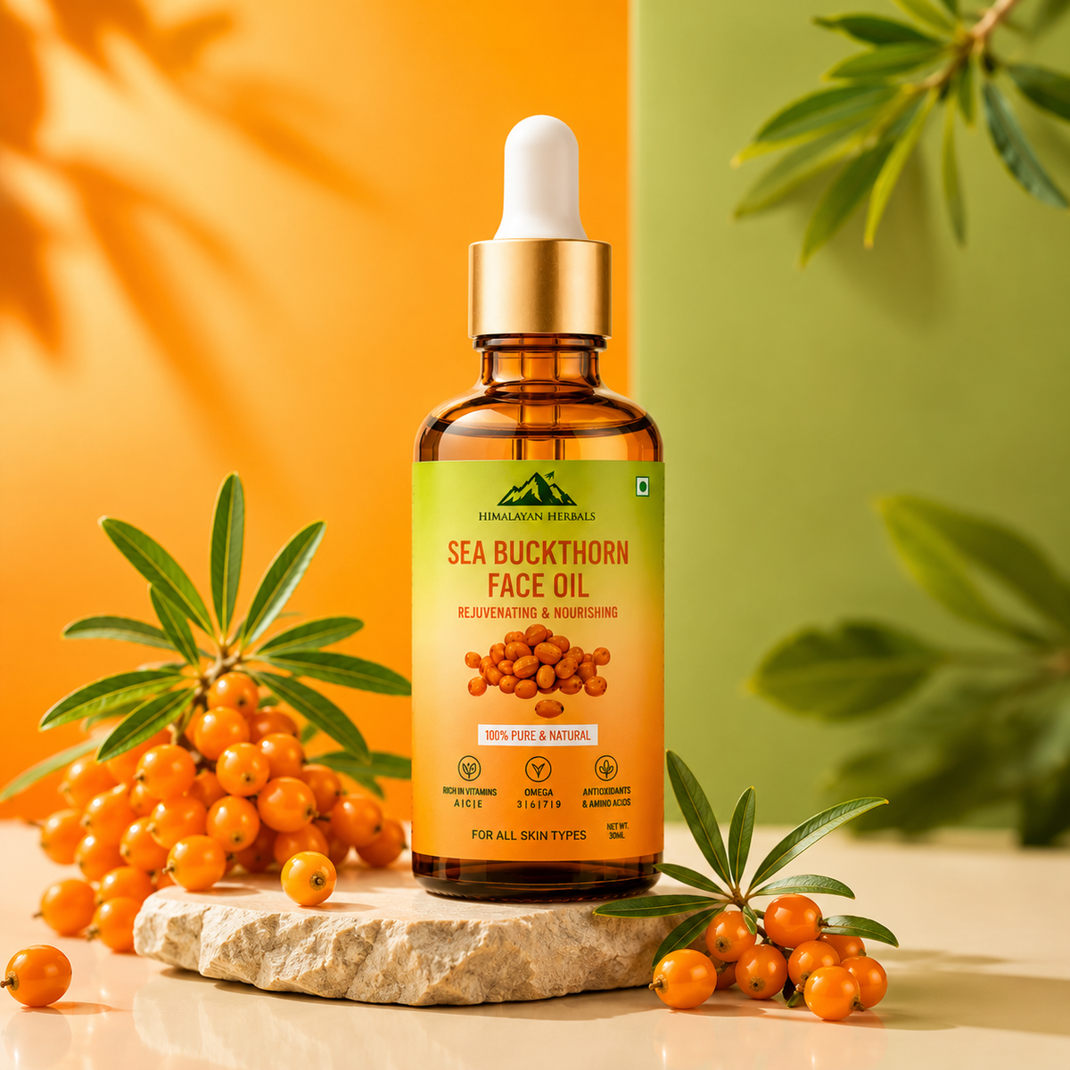Sea Buckthorn Oil: A powerhouse of Omegas (3, 5, 6, 7, 9) and Vitamin C. Fights both anti-aging and acne.