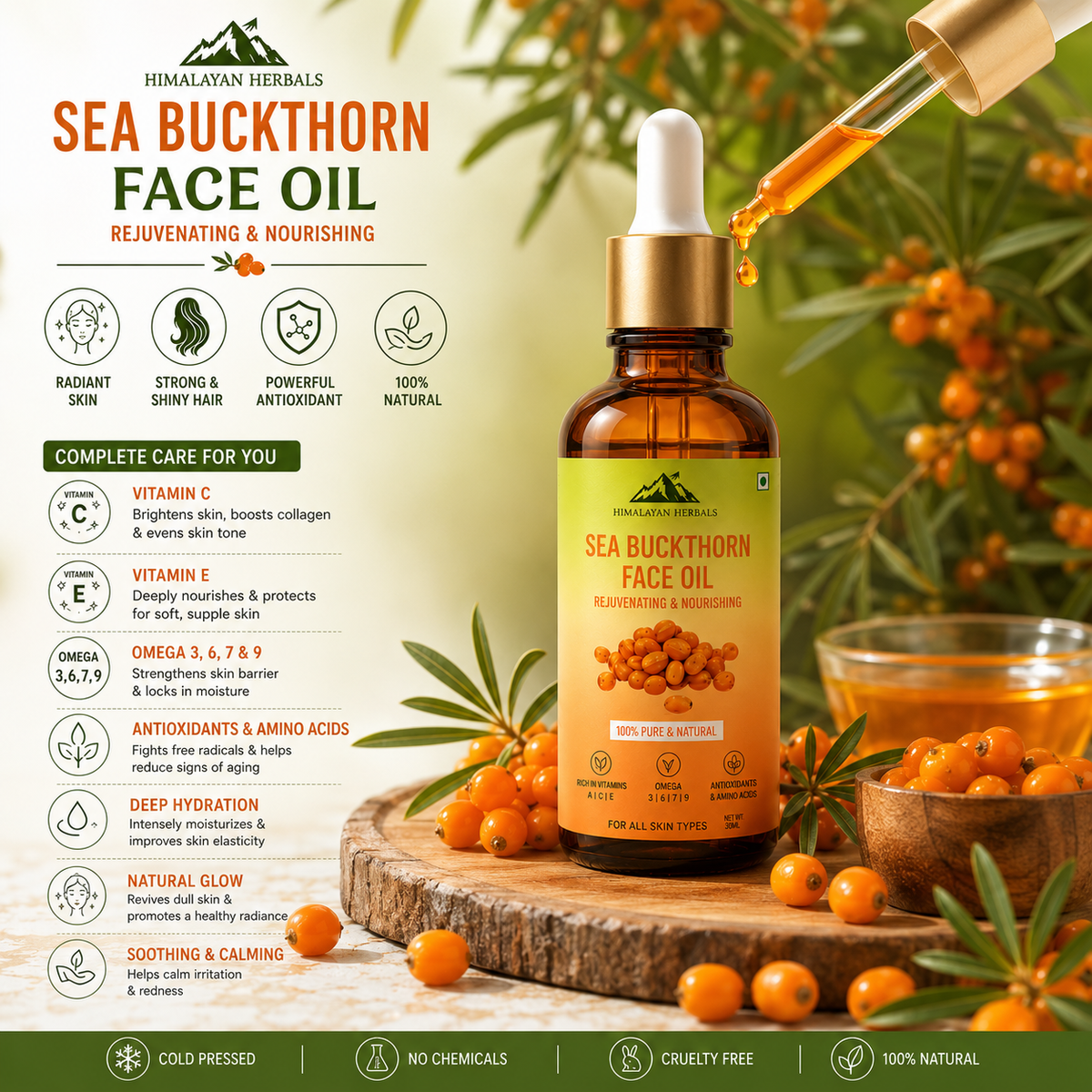 Sea Buckthorn Oil: A powerhouse of Omegas (3, 5, 6, 7, 9) and Vitamin C. Fights both anti-aging and acne.