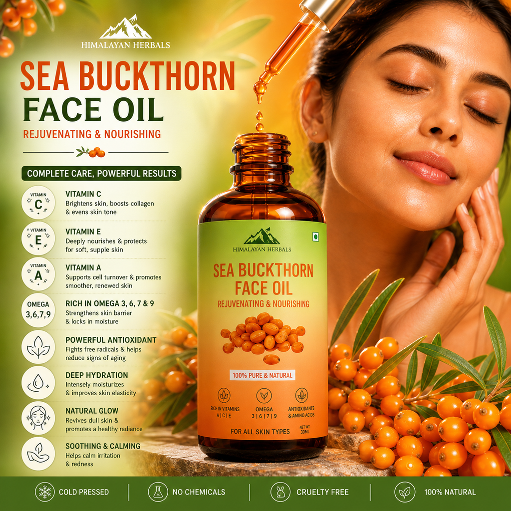 Sea Buckthorn Oil: A powerhouse of Omegas (3, 5, 6, 7, 9) and Vitamin C. Fights both anti-aging and acne.