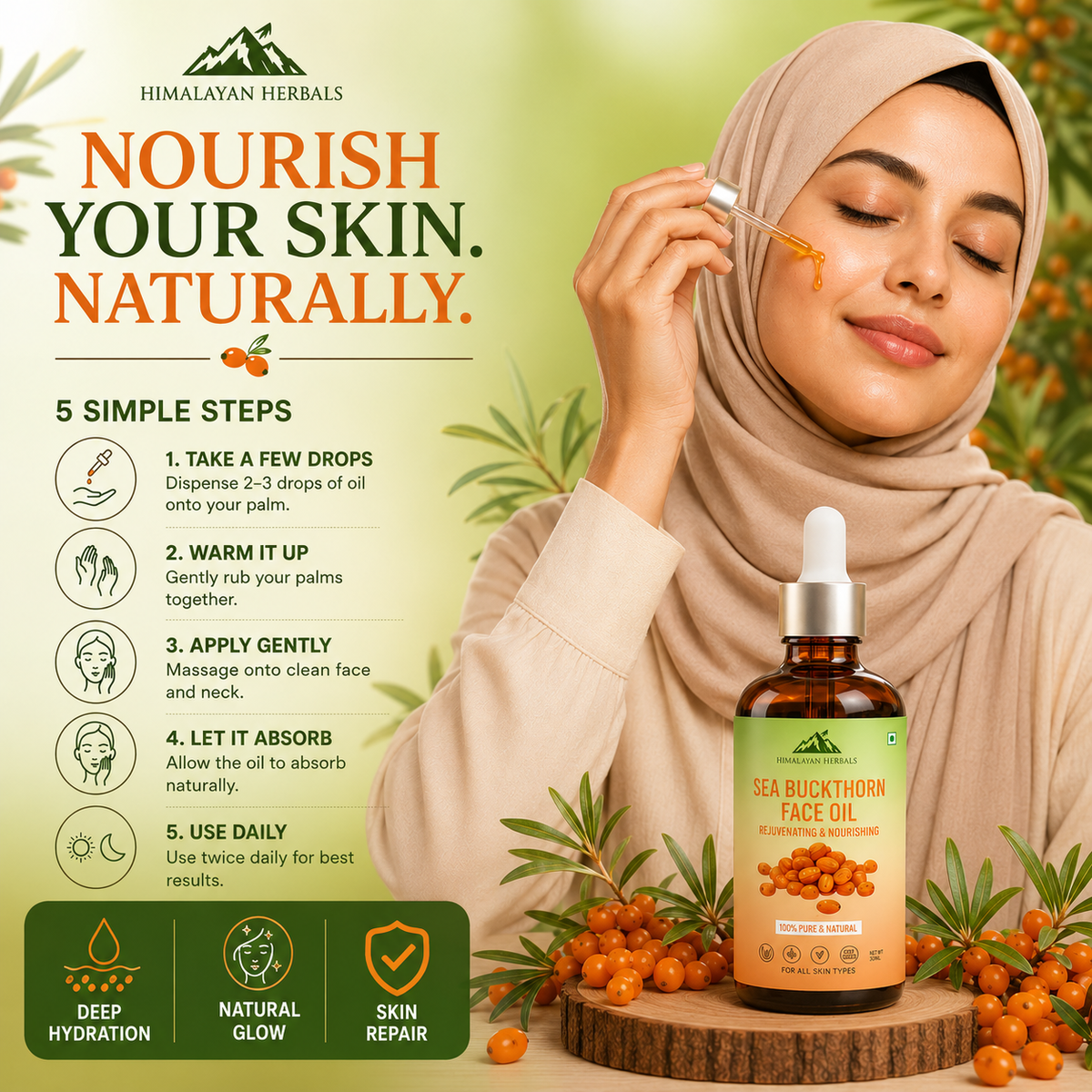Sea Buckthorn Oil: A powerhouse of Omegas (3, 5, 6, 7, 9) and Vitamin C. Fights both anti-aging and acne.